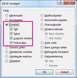 Alternativer for å finne formler i boksen Gå til utvalgte
