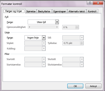 Alternativer i dialogboksen Formater kontroll