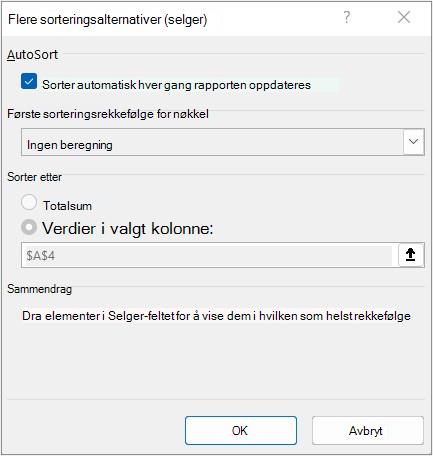 Dialogboksen Flere sorteringsalternativer
