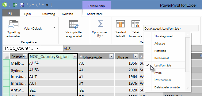 Datakategorier i PowerPivot