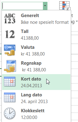 Kort dato-kommandoen i Tallformat-galleriet