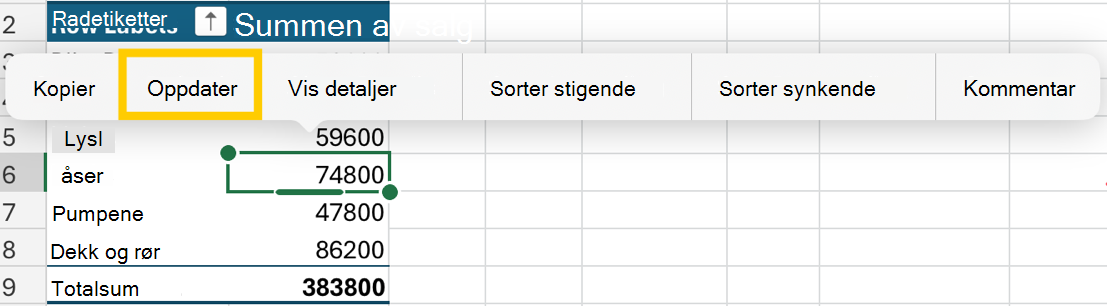 Oppdater pivottabellen fra hurtigmenyen på iPad.