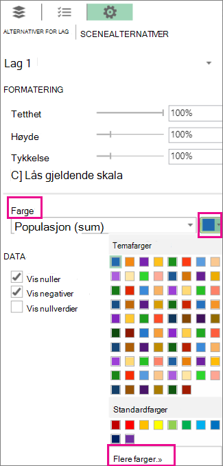 Rullegardinmeny med farger på fanen med alternativer for innstillingslag