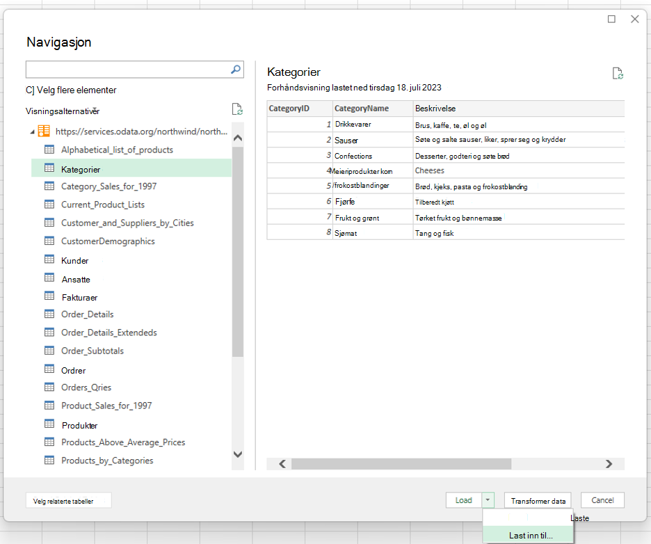 Konfigurer en Power Query tilkobling for Python i Excel. Velg Kategorier-tabellen fra OData.