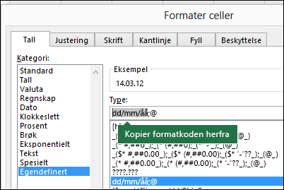 Eksempel på bruk av dialogboksen Formater >> celler tall > egendefinert for å få Excel til å opprette formatstrenger for deg.