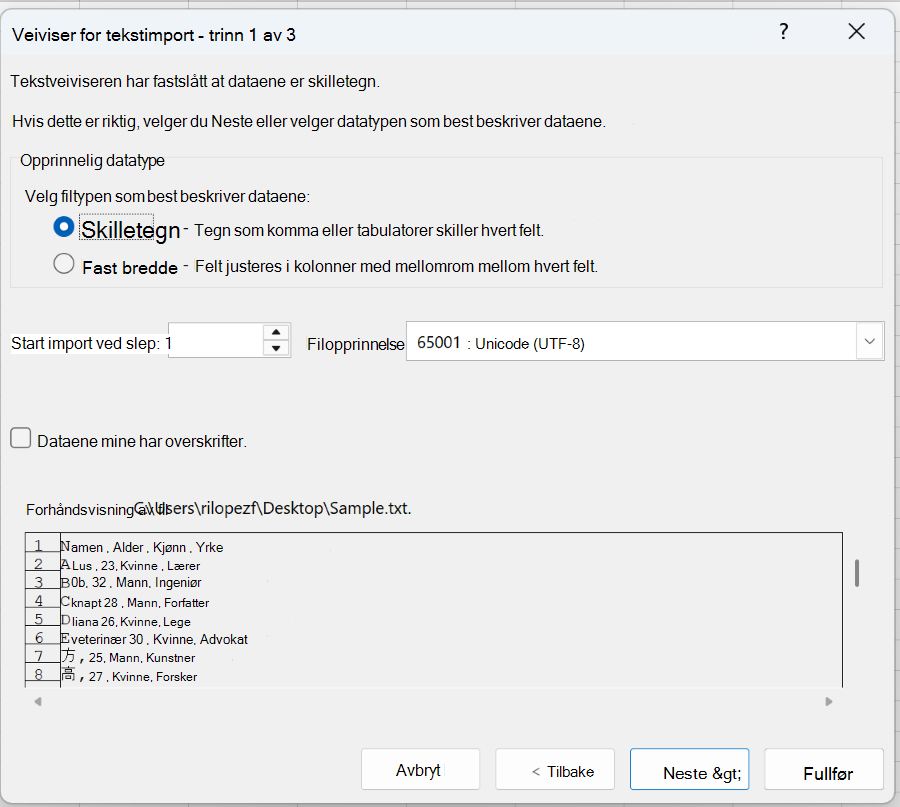 Veiviser for tekstimport