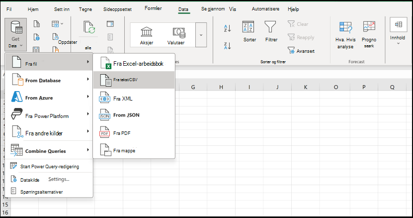 Åpne txt/csv via Data-fanen