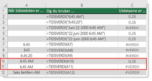Utdata for ulike TIDSVERDI-funksjoner