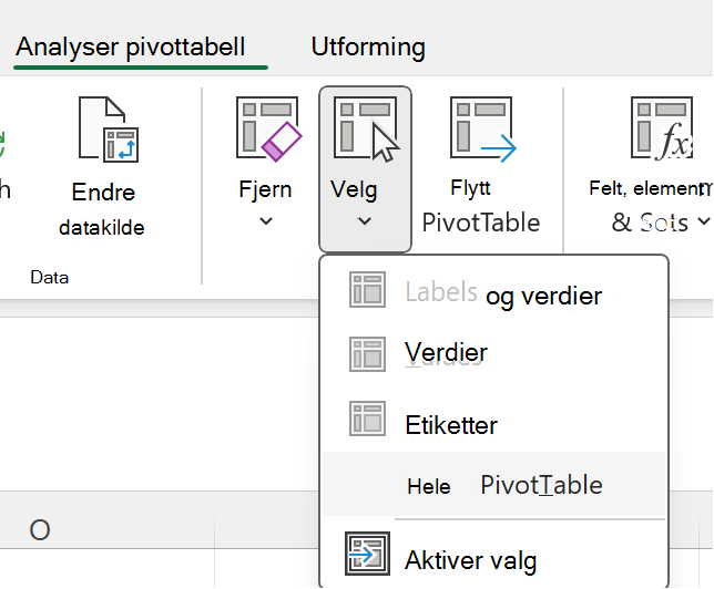 Merk hele pivottabell-knappen i Windows.