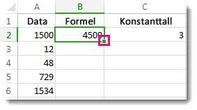 En firkantet, grønn boks nederst til høyre i celle B2