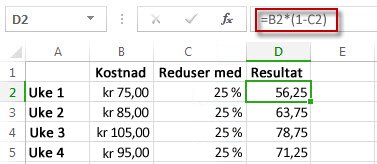 Resultatet vises i kolonne D