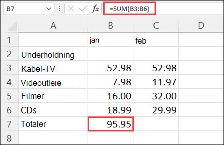 Resultat av Autosummer i celle B7