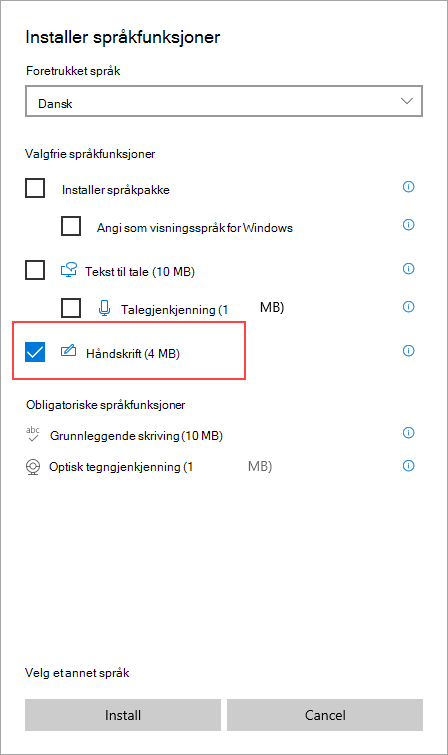 Installer håndskrift for språkpakken.