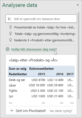 Dataanalyse-ruten med koblingen for å angi hvilke felt som skal brukes.