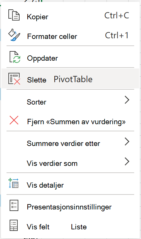 Slette pivottabell fra hurtigmenyen på nettet.