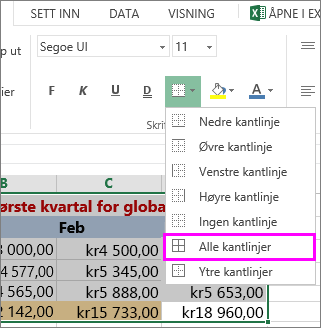 legg til en kantlinje i en tabell eller dataområde