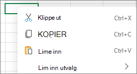 Skjermbilde som viser Høyreklikk for å se kommandoene Klipp ut, Kopier, Lim inn og Lim inn utvalg.
