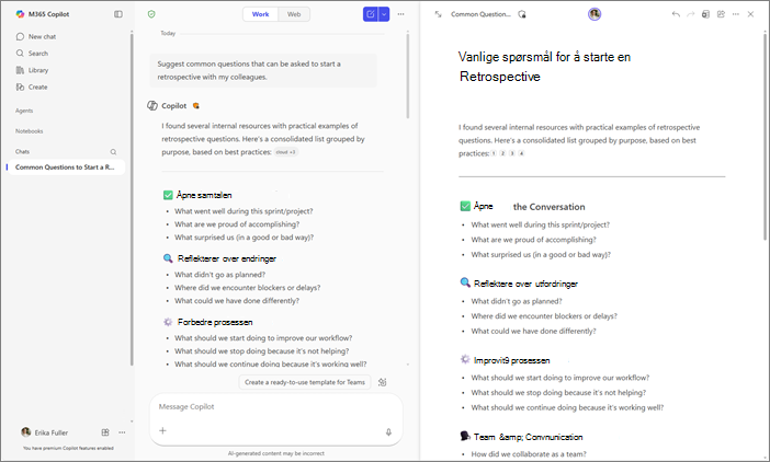 Side ved side-visning av Copilot Chat- og Copilot-sider i Microsoft 365 Copilot-appen.