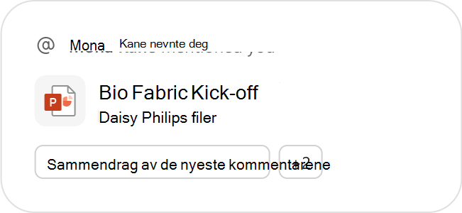 En PowerPoint-fil som er utvalgt som en anbefalt fil sammen med foreslåtte Copilot-forespørsler om ytterligere handling.