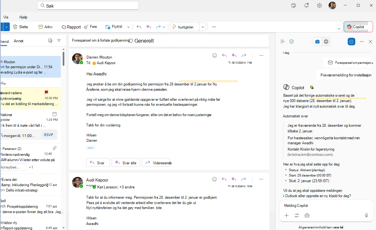 Skjermbilde av Copilots-svar for å opprette et automatisk svar i Copilot i Outlook