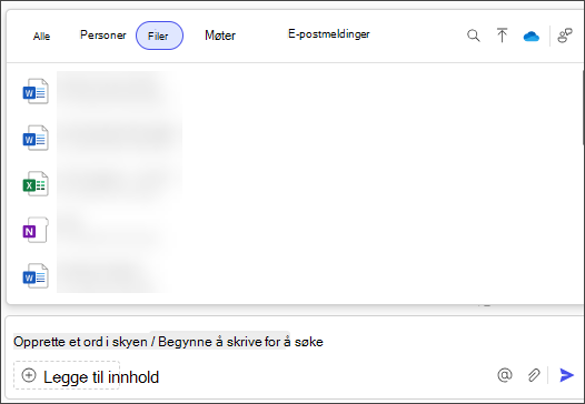 Fil-fanen i Microsoft 365 Copilot Chat med uplade-filikonet til høyre ved siden av det blå skyikonet.