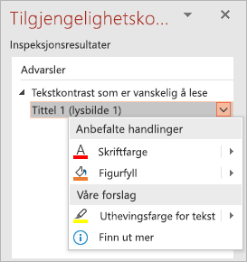 Rullegardinmenyen for et problem i tilgjengelighetskontroll, som viser lister over anbefalte handlinger og andre forslag