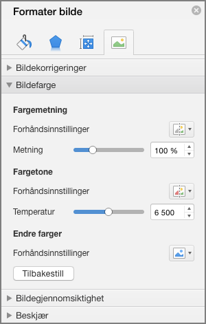 Justere innstillingene for fargemetning i Formater bilde-ruten