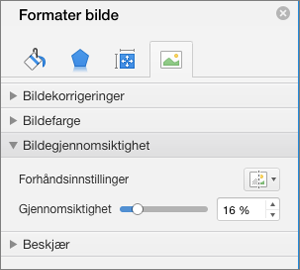 Justere fargegjennomsiktigheten i Formater bilde-ruten