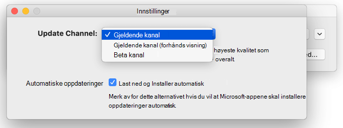 Bilde av Mac Microsoft Automatiske oppdateringer –> Innstillinger-vinduet som viser alternativer for oppdateringskanaler.