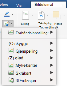 Viser alternativene på Bildeeffekter-menyen