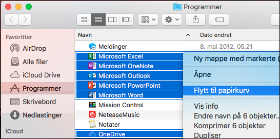 Flytt Office-appene til papirkurven