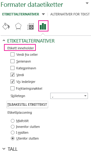Delen Etikettalternativer i ruten Formater dataetikett