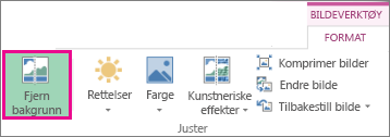 Fjerne Bakgrunn-knappen som finnes i Juster-gruppen under Bildeverktøy i kategorien Format