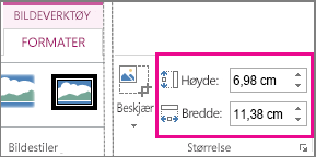Boksene Høyde og Bredde i kategorien Format under Bildeverktøy