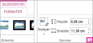 Dialogboksvelgeren i Størrelse-gruppen i kategorien Format under Bildeverktøy