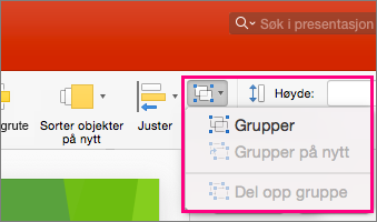 Viser gruppeikonet på båndet i PowerPoint 2016 for Mac