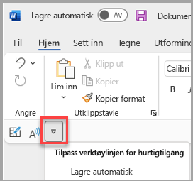 Plasseringen på verktøylinjen for hurtigtilgang under båndet