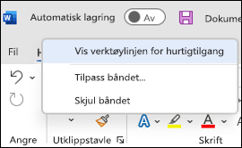 Bilde av alternativet for å vise verktøylinjen for hurtigtilgang