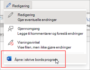 Bilde av kommandoen Åpne i skrivebordsprogrammet