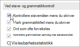 Avmerkingsboksen Kontroller stavemåte etter hver som du skriver