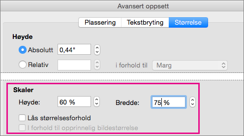 Skaleringsalternativer er uthevet i boksen Avansert oppsett på Størrelse-fanen.
