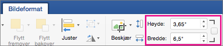 Bildeformat-fanen med Høyde- og Bredde-boksen uthevet.