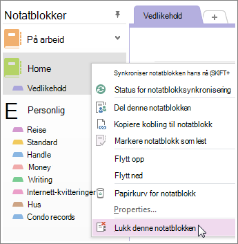 Du kan lukke en notatblokk hvis du ikke trenger å bruke den lenger.
