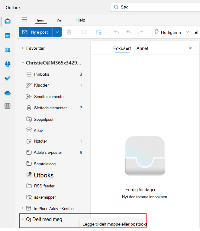 Skjermbilde av popup-vinduer i Outlook for å legge til en delt mappe eller postboks