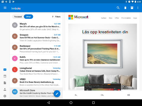 Viser navigasjonsalternativene i nedre venstre hjørne av en Outlook-innboks.