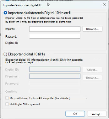Velg Bla gjennom for å finne den digitale ID-en, og skriv inn passordet du skrev inn under eksport av sertifikatet til denne filen