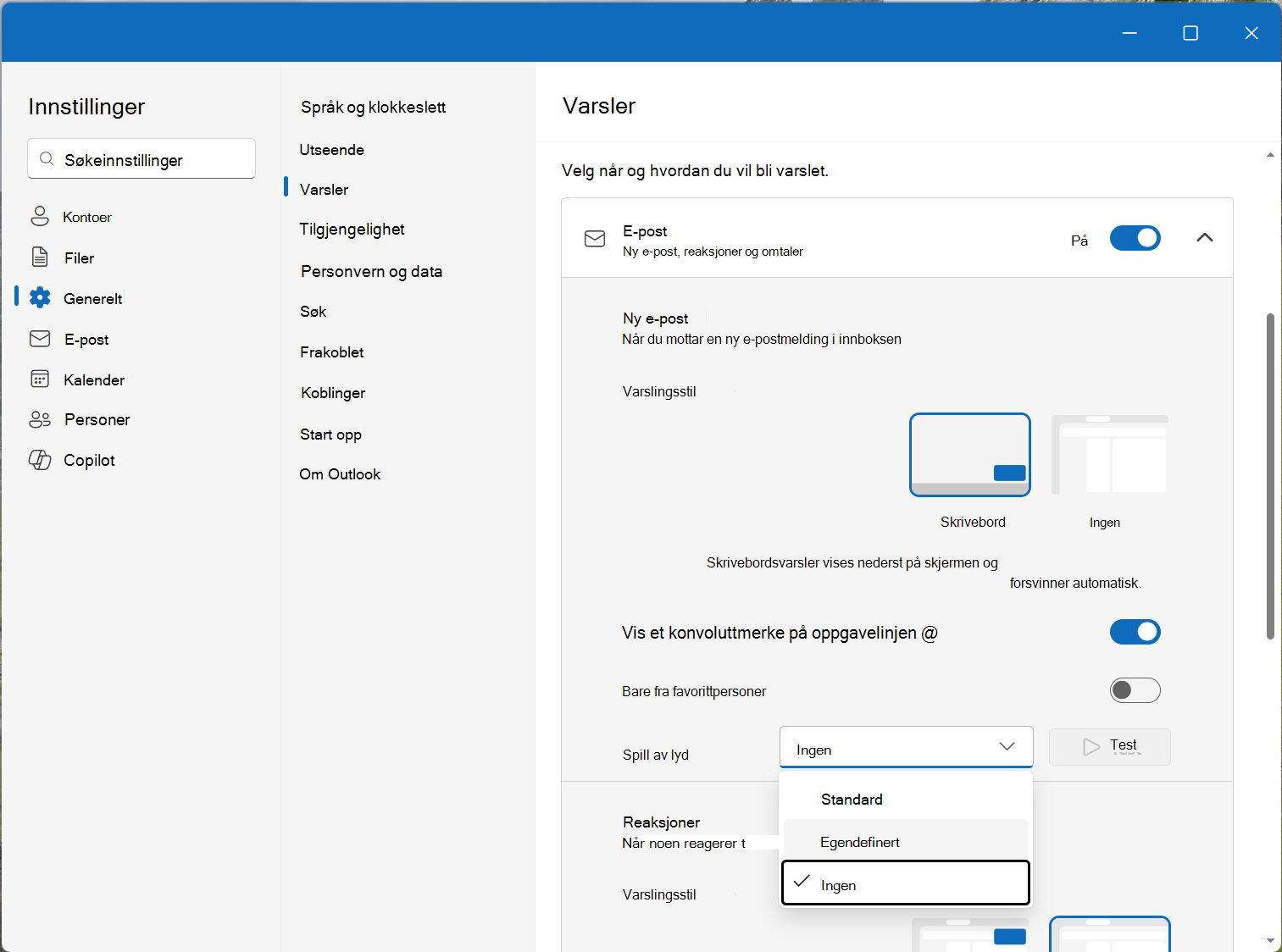 Velg varslingslyd under E-post og Calendar varslingsinnstillinger.
