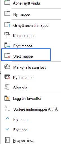 Skjermbilde av alternativet Slett mappe valgt i navigasjonsruten.
