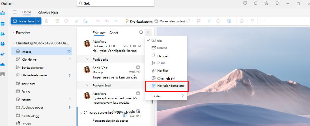 Skjermbilde som viser at ledere kan bruke e-postfilteret har kalenderinvitasjoner