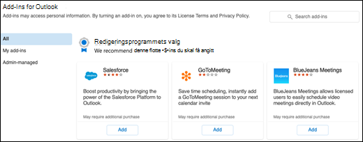 Tillegg-menyen i Outlook for Mac.